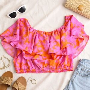 Sugarlips Pink + Orange Floral Ruffle Off-Shoulder Crop Top | XL | Resort Boho